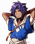  1boy blue_hair blue_hoodie cai_(fire_emblem) dark-skinned_male dark_skin fire_emblem fire_emblem:_fortune's_weave gzei highres hood hood_down hoodie looking_at_viewer male_focus two-tone_hoodie white_hoodie yellow_eyes 