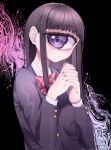  1girl azen_(mntimcczgrtn) bangs black_hair black_jacket blunt_bangs blush bow bowtie closed_mouth dot_mouth eye_focus fingernails highres interlocked_fingers jacket long_hair looking_at_viewer nail_polish original own_hands_together purple_hair purple_nails red_bow red_bowtie ringed_eyes school_uniform solo wavy_eyes 