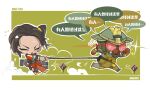  1girl 1other ambiguous_gender animification apex_legends bloodhound_(apex_legends) border chibi chinese_text closed_eyes duoqing_hanzhe green_background gun gun_on_back highres jumpsuit orange_jumpsuit pulling rampart_(apex_legends) rope sheila_(minigun) side_ponytail sparkle speech_bubble translation_request twitter_username weapon weapon_on_back white_border 
