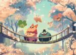  bridge bronto_burt bug butterfly character_request cherry_blossoms closed_mouth day food food_request gooey_(kirby) gordo highres holding holding_food kirby kirby_(series) looking_away onigiri open_mouth outdoors suyasuyabi 