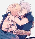  2boys arm_around_neck arm_tattoo armlet back_tattoo black_gloves black_shirt blush braid closed_eyes closed_mouth collared_shirt commentary crying dutch_angle english_commentary gauntlets gloves gold_trim grey_background hand_in_another's_hair highres honkai:_star_rail honkai_(series) jewelry kbutstrhy male_focus multiple_boys mydei_(honkai:_star_rail) phainon_(honkai:_star_rail) popped_collar shirt short_sleeves side_braid simple_background single_glove smile tattoo tears yaoi 