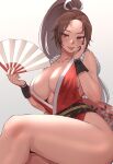 1girl :p breasts brown_eyes brown_hair carcass_(artist) collarbone fatal_fury folding_fan hair_ribbon hand_fan hand_up high_ponytail highres holding holding_fan japanese_clothes kimono large_breasts long_hair obi red_kimono ribbon sash shiranui_mai sideboob solo the_king_of_fighters thighs tongue tongue_out white_ribbon 
