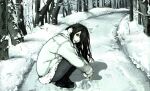  1girl black_eyes black_hair black_pants fur-trimmed_jacket fur_trim hair_over_one_eye highres jacket long_hair looking_at_viewer original outdoors pale_skin pants road snow snowball solo squatting tree white_jacket wide_shot winter winter_clothes ystty0 
