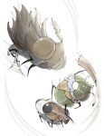  1boy antennae arthropod_boy arthropod_limbs battle bug commentary_request edio30 fangs garmond_(hollow_knight) highres hollow_knight hollow_knight:_silksong korean_commentary moorwing_(hollow_knight) motion_lines white_background wings zaza_(hollow_knight) 