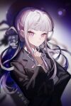  1girl bangs black_jacket blue_background blunt_bangs braid closed_mouth collared_shirt danganronpa_(series) danganronpa_kirigiri grey_background hand_up highres huang_du_du jacket kirigiri_kyouko long_hair long_sleeves looking_at_viewer neck_ribbon official_alternate_costume pink_eyes pink_hair pink_ribbon ribbon shirt side_braid solo twintails upper_body 