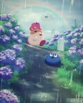  cloud cloudy_sky day flower gooey_(kirby) hamster highres kirby kirby_(series) kracko outdoors rain rainbow rick_(kirby) riding sky suyasuyabi 