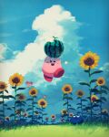  blue_sky bug butterfly character_request cloud day flower food fruit gooey_(kirby) highres kirby kirby_(series) looking_at_another looking_at_viewer open_mouth outdoors sky smile summer sunflower suyasuyabi watermelon 