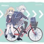  2girls absurdres ahoge artoria_pendragon_(fate) bag bicycle black_jacket black_shoes black_thighhighs black_vest blonde_hair drinking_straw drinking_straw_in_mouth fate/grand_order fate_(series) frappuccino grey_skirt grey_socks highres jacket jeanne_d'arc_alter_(fate) long_hair long_sleeves multiple_girls multiple_riders necktie notonaon outline pseudo-tokyo_school_uniform red_necktie riding riding_bicycle saber_alter school_bag school_uniform shoes short_hair skirt socks thighhighs vest white_hair yellow_eyes 