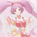  1girl bow commentary_request detached_collar green_eyes hair_bow hands_up highres idol_clothes incoming_hug long_hair looking_at_viewer manaka_laala open_hands outstretched_arms pink_bow poteto_(mochimochinc) pretty_series pripara purple_hair reaching reaching_towards_viewer smile solo treble_clef twintails very_long_hair 