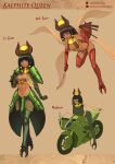  1girl abdomen_tail absurdres ancient_greek_clothes armor arthropod_girl black_hair blunt_bangs breasts cat_o'_nine_tails character_name chiton commentary contemporary dark-skinned_female dark_skin english_commentary faulds greco-roman_clothes green_hair highres holding holding_sword holding_weapon kalphite_queen_(runescape) khopesh long_hair looking_at_viewer medium_breasts midriff monster_girl motor_vehicle motorcycle multiple_views navel on_motorcycle pauldrons personification purple_eyes runescape shoulder_armor spoony_loony sunglasses sword usekh_collar weapon whip 