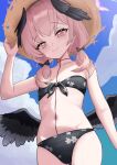  1girl absurdres bikini black_bikini black_wings blue_archive blue_sky brown_hat cloud commentary_request flat_chest floral_print floral_print_bikini from_below front-tie_bikini_top front-tie_top hat head_wings highres koharu_(blue_archive) koharu_(swimsuit)_(blue_archive) korean_commentary low_twintails low_wings mixed-language_commentary navel official_alternate_costume pink_eyes pink_hair print_bikini sky small_chair_(xiaosaiyi33818) solo straw_hat swimsuit twintails wings 