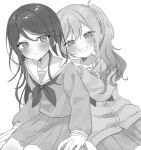  2girls blush dot_nose greyscale highres hoshino_ichika_(project_sekai) leaning_on_person long_hair long_sleeves looking_at_viewer miyamasuzaka_girls&#039;_academy_school_uniform monochrome mu_ri003 multiple_girls neckerchief pleated_skirt project_sekai sailor_collar school_uniform serafuku simple_background skirt smile speech_bubble sweatdrop tenma_saki twintails v white_background 