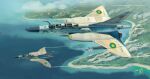  4others absurdres aim-9_sidewinder air-to-air_missile aircraft airplane beach canopy_(aircraft) cloud cockpit contrail day english_commentary fighter_jet flying helmet highres military military_vehicle missile multiple_others ocean original outdoors pilot pilot_helmet pvtskwerl rock roundel sand scenery shore signature tree vehicle_focus water 