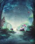  absurdres broom broom_riding character_request forest gooey_(kirby) highres keke_(kirby) kirby kirby_(series) looking_away nature one-eyed open_mouth outdoors rain scenery smile suyasuyabi tongue tongue_out tree 