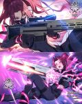  1girl absurdres aiming bilingual_commentary black_bodysuit black_mask blush bodysuit breasts commentary commission covered_mouth curtained_hair english_commentary feet_out_of_frame finger_on_trigger firing glowing gun hair_between_eyes heart heart-shaped_pupils highres holding holding_gun holding_weapon large_breasts long_hair mask matsumoto_tomoyohi mixed-language_commentary mouth_mask open_mouth original pink_eyes pixiv_commission ponytail purple_hair railgun raised_inner_eyebrows rifle scope sniper_rifle symbol-shaped_pupils v-shaped_eyebrows weapon 