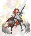 1girl 90mandu absurdres ammunition apron assault_rifle belt belt_pouch black_dress black_gloves black_horns black_shoes black_tail breasts closed_mouth commentary dragon_girl dragon_horns dragon_tail dress finger_on_trigger fingerless_gloves full_body gloves gun hair_between_eyes highres holster horns laser_sight legs_apart long_hair long_hair_between_eyes long_sleeves looking_at_viewer maid_headdress original pointy_ears pouch puffy_long_sleeves puffy_sleeves red_eyes red_hair rifle shoes short_eyebrows small_breasts smoke solo sr-25 standing symbol-only_commentary tail thick_eyebrows thigh_holster thigh_strap torn_apron torn_clothes very_long_hair weapon white_apron white_belt zoom_layer 