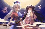  02charaice20 4girls absurdres animal_ears black_hair black_jacket blue_dress blue_sky bow bow_(weapon) bowtie braid braided_ponytail breasts cloud commentary covering_own_mouth dress floral_print floral_print_dress full_moon grey_hair highres holding holding_bow_(weapon) holding_hands holding_weapon houraisan_kaguya huge_moon inaba_tewi jacket long_hair long_sleeves medium_breasts moon multiple_girls necktie night night_sky one_eye_closed pink_dress pink_shirt pink_skirt pixel_art print_dress purple_eyes purple_hair rabbit_ears rabbit_girl red_dress red_eyes red_necktie red_skirt reisen_udongein_inaba shirt short_hair skirt sky smile star_(sky) starry_sky touhou two-tone_dress very_long_hair weapon white_bow white_bowtie yagokoro_eirin 