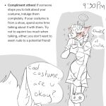 angel_(paddle-boat) anthro bathroom_denial bladder_bulge blush blush_lines bulge candy_bucket clothing costume cross cross_necklace deer dialogue digital_drawing_(artwork) digital_media_(artwork) english_description english_text halloween halo hi_res holidays jack-o&#039;-lantern jewelry knock-kneed linked_speech_bubble male mammal necklace omorashi overalls paddle-boat restricted_palette solo speech_bubble squirming text time trick-or-treating