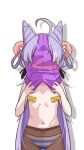  1girl absurdres ahoge blush brown_pantyhose commentary_request cone_hair_bun cowboy_shot double_bun duda_(duda1) flat_chest hair_bun hair_ornament hair_rings highres korean_commentary leotard long_hair multicolored_hair navel panties panties_under_pantyhose pantyhose pasties pom_pom_(clothes) pom_pom_hair_ornament purple_hair purple_leotard shadow simple_background solo standing stellive stomach straight-on streaked_hair striped_clothes striped_panties tenko_shibuki topless_female underwear very_long_hair virtual_youtuber white_background you're_doing_it_wrong 