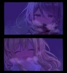  2girls :d black_hair blonde_hair blue_eyes blush breath dot_nose gradient_hair highres hoshino_ichika_(project_sekai) long_hair looking_at_viewer mu_ri003 multicolored_hair multiple_girls pink_hair project_sekai scarf smile split_screen tearing_up tenma_saki twintails 