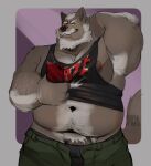  6pklion absurd_res anthro armpit_showing boomer_(nanoff) canid canine canis chubby_male clothed clothing exposed_belly fur grey_body grey_fur hi_res male mammal mature_male musclegut nipples phone pubic_hair_peek raised_arm raised_clothing raised_shirt raised_tank_top raised_topwear selfie shirt smile smiling_at_viewer solo tank_top topwear underwear unzipped unzipped_pants wolf 