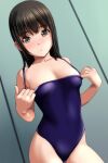  1girl absurdres blue_one-piece_swimsuit borrowed_character breasts brown_hair clothes_pull collarbone contrapposto cowboy_shot dutch_angle highres long_hair matsunaga_kouyou medium_hair one-piece_swimsuit original small_breasts solo swimsuit swimsuit_pull 