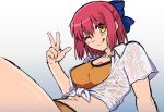  1girl :q alternate_costume arm_at_side arm_up bikini blue_bow bow breasts carnival_phantasm closed_mouth cowboy_shot d8282not from_side gradient_background hair_bow half_updo kohaku_(tsukihime) looking_at_viewer melty_blood one_eye_closed orange_bikini reclining red_hair ribbon see-through_clothes shirt short_hair smile solo swimsuit thigh_focus tongue tongue_out tsukihime tsukihime_(remake) type-moon v wet wet_clothes wet_shirt white_shirt yellow_eyes 