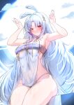  1girl absurdres animal_ear_hairband animal_ears azur_lane blue_tube_top blush breasts commission cowboy_shot fake_animal_ears full_moon gold_trim hair_intakes hairband hands_up highleg highleg_panties highres kghazir large_breasts long_hair looking_at_viewer moon multicolored_hair official_alternate_costume official_alternate_hairstyle panties rabbit_ear_hairband rabbit_ears rabbit_pose red_eyes red_streaks sitting smile solo strapless streaked_hair tabard tallinn_(azur_lane) tallinn_(night_of_full_moon_and_overflowing_love)_(azur_lane) thick_thighs thighs tube_top underwear very_long_hair vgen_commission white_hair white_panties white_tabard 