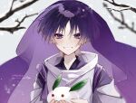  1boy bare_tree blunt_ends blush bow branch clothing_cutout ego_(ego_inp) eyeliner eyeshadow genshin_impact happy highres holding japanese_clothes kimono layered_sleeves leaf looking_at_viewer makeup male_focus open_mouth outdoors overcast pebble portrait purple_bow purple_eyes purple_hair purple_kimono purple_sleeves purple_veil red_eyeliner red_eyeshadow scaramouche_(genshin_impact) scaramouche_(kabukimono)_(genshin_impact) see-through_clothes see-through_veil shoulder_cutout sky snow_rabbit snowball snowing solo tasuki translation_request tree tsurime veil white_mouth white_sleeves wispy_bangs 