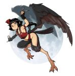  1girl bird_legs black_eyes black_feathers black_hair black_wings commentary dalehan english_commentary feathers hip_vent holding holding_weapon kunai midriff original short_hair short_hair_with_long_locks smile solo tagme talons weapon wings 