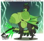 anthro artist_logo astalos big_breasts big_nipples black_body black_horn black_scales black_sclera border breast_grab breasts capcom electricity eliana_(knockedoutdragon) fangs female flying_wyvern genitals green_background green_body green_breasts green_eyes green_nipples green_scales hand_on_breast hi_res horn huge_breasts huge_nipples hyper hyper_breasts knockedoutdragon lightning logo long_tail membrane_(anatomy) membranous_wings monster_hunter nipples open_mouth pinup pose scales simple_background solo standing tail teeth thick_thighs tongue tongue_out vulva wings