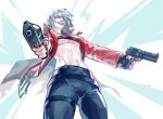  1girl abs absurdres aiming aiming_at_another aiming_at_viewer black_gloves black_nails black_pants brady_(readybrady) chest_belt coat dante_(devil_may_cry) devil_may_cry_(series) finger_on_trigger fingerless_gloves fingernails from_below genderswap genderswap_(mtf) gloves gun hair_over_one_eye handgun highres holding holding_gun holding_weapon jewelry looking_at_viewer medium_hair navel necklace nose open_clothes open_coat pants red_coat red_lips signature simple_background smile solo teeth upper_body weapon white_hair 