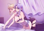  2girls after_kiss ahoge artoria_pendragon_(fate) bare_arms bed black_panties black_thighhighs blonde_hair blush breasts camisole commentary commission curtains english_commentary fate/grand_order fate_(series) fingering grabbing_another&#039;s_breast grabbing_from_behind groping highres indoors long_hair medea_(caster)_(fate) medea_(fate) medium_breasts multiple_girls nipples open_mouth panties panty_pull pastepiphany pillow pixiv_commission pointy_ears purple_camisole purple_hair pussy_juice reach-around saber_(fate) saliva saliva_trail see-through_camisole see-through_clothes thighhighs tongue tongue_out underwear white_panties yuri 