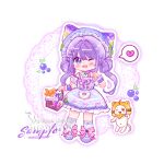  1girl ahoge animal ankle_bow baguette bare_shoulders basket beads beret blueberry bow bow_choker bowtie bread brown_eyes burger burger_costume cat chibi chinese_commentary choker cloak clothed_animal collar commentary_request commission country_lolita detached_collar detached_sleeves double_bun dress dress_bow ear_covers eyelashes eyes_visible_through_hair flower food food_print frilled_dress frilled_headwear frilled_wrist_cuffs frills fruit hair_beads hair_between_eyes hair_bun hair_intakes hair_ornament hairclip happy hat hat_bow heart highres holding holding_basket hood hood_up hooded_cloak infinity_nikki jinwanhuimengjiankaoyuma kfc kneehighs lace-trimmed_bow lace_background lace_trim large_bow leaf light_blush lolita_fashion long_hair low_twintails medium_dress momo_(nikki) navel nikki_(series) official_alternate_costume one_eye_closed open_mouth outline pink_bow pink_flower pink_ribbon pocket print_socks puffy_short_sleeves puffy_sleeves purple_bow purple_bowtie purple_dress purple_eyes purple_hair purple_hat purple_shoes purple_sleeves purple_wrist_cuffs ribbon shoes short_sleeves sidelocks sleeve_ribbon sleeveless sleeveless_dress smile socks sparkle speech_bubble spoken_heart tareme twintails two-tone_bow wavy_hair wheat whispers_of_bliss_(infinity_nikki) white_background white_cat white_collar white_outline white_socks wrist_cuffs yellow_bow yellow_cloak 