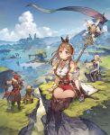  atelier_(series) atelier_ryza banner belt blonde_hair blue_sky braid breasts brown_belt brown_eyes brown_gloves brown_hair cliff cloud dress gloves green_eyes highres jacket jewelry key klaudia_valentz lake large_breasts leather leather_gloves lent_marslink long_dress mountainous_horizon necklace non-web_source red_hair red_shorts reisalin_stout ruins short_shorts shorts sky sleeveless sleeveless_jacket staff sword tao_mongarten thick_thighs thighs toridamono weapon white_headwear yellow_jacket 