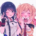  2girls :d black_hair blonde_hair blue_eyes blush collared_shirt commentary diagonal-striped_clothes diagonal-striped_necktie dot_nose fingerless_gloves gloves gradient_hair grid_background highres hoshino_ichika_(project_sekai) long_hair mu_ri003 multicolored_hair multiple_girls necktie ok_sign one_eye_closed pink_hair project_sekai shirt smile striped_clothes tenma_saki twintails white_shirt 