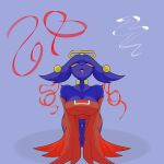 1:1 anthro big_breasts big_ears black_nose blue_background blue_body blue_fur bodily_fluids bottomless breasts cleavage clothed clothing collar control_collar drooling ear_piercing eyelashes eyeshadow featureless_crotch felid feline female floppy_ears forehead_gem front_view fur gem goumang_(nine_sols) halo hi_res kneeling long_sleeves lop_ears makeup mammal navel nine_sols open_mouth piercing porporpor red_candle_games red_clothing red_eyeshadow red_topwear saliva simple_background solarian solo spiral spiral_eyes thick_thighs tongue tongue_out topwear wide_hips