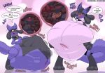  abdominal_bulge anthro belly belly_grab big_belly dialogue digestion duo english_text female fidcario_(fidchellvore) fidchellvore generation_4_pokemon lucario male navel nintendo pokemon pokemon_(species) purple_body red_eyes riolu text video_games vore 