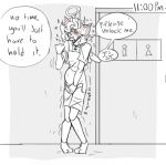 ambiguous_gender angel_(paddle-boat) anthro bathroom bathroom_denial bladder_bulge blush blush_lines clothing costume cross cross_necklace deer dialogue digital_drawing_(artwork) digital_media_(artwork) english_description english_text halo hand_on_crotch hi_res jewelry knock-kneed linked_speech_bubble mammal necklace omorashi onomatopoeia overalls paddle-boat restricted_palette solo sound_effects speech_bubble squirming text time