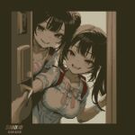  2girls arm_scrunchie artist_name bag black_hair blue_eyes blunt_bangs bow breasts collarbone doorway double-parted_bangs frilled_shirt frilled_shirt_collar frills furrowed_brow highres impossible_clothes impossible_shirt long_hair medium_breasts multiple_girls no_nose open_mouth opening_door original out_of_frame pink_bow pink_eyes pixel_art ponytail pov_doorway puffy_short_sleeves puffy_sleeves school_bag scrunchie shirt short_sleeves sidelocks smile specialhanako teeth white_scrunchie white_shirt 