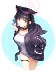  1girl absurdres animal_ears bangs black_hair black_jacket blowing_kiss blue_archive breasts casual_one-piece_swimsuit cat_ears choker collarbone colored_inner_hair covered_navel cropped_legs groin hair_ornament hairclip halo hand_in_pocket hand_up heart highres hood hood_down hooded_jacket jacket kazusa_(blue_archive) long_sleeves looking_at_viewer m.tokotsu medium_breasts multicolored_hair one-piece_swimsuit open_clothes open_jacket red_eyes short_hair sidelocks solo swimsuit thigh_strap white_one-piece_swimsuit 