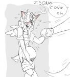 ambiguous_gender angel_(paddle-boat) anthro bladder_bulge blush blush_lines bodily_fluids clothing costume cross cross_necklace deer dialogue digital_drawing_(artwork) digital_media_(artwork) duo english_description english_text genital_fluids halo hand_holding hand_on_crotch hi_res jewelry knock-kneed leaking_urine male_(lore) mammal necklace omorashi overalls paddle-boat restricted_palette speech_bubble text time urine