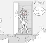 ambiguous_gender angel_(paddle-boat) anthro bathroom bladder_bulge blush blush_lines bodily_fluids clothing costume cross cross_necklace deer dialogue digital_drawing_(artwork) digital_media_(artwork) english_description english_text genital_fluids group halo hand_on_crotch humiliation jewelry knock-kneed leaking_urine male_(lore) mammal necklace offscreen_character omorashi overalls paddle-boat restricted_palette solo_focus speech_bubble text time urine