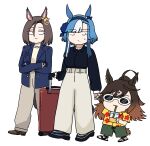  3girls admire_groove_(umamusume) ahoge air_groove_(umamusume) alternate_costume animal_ears blue_hair brown_hair chibi commentary_request duramente_(umamusume) hairband highres holding holding_suitcase horse_ears horse_girl jichou_senshi long_hair mole mole_under_mouth multicolored_hair multiple_girls rolling_suitcase short_hair simple_background standing suitcase umamusume white_background white_hair 