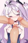  1girl 3boys blue_archive blush breasts breasts_out closed_mouth demon_horns demon_wings grey_hair heart hetero highres hina_(blue_archive) hina_(swimsuit)_(blue_archive) horns jellcaps long_hair multiple_boys multiple_horns multiple_penises nipples penis penis_on_face purple_eyes school_swimsuit simple_background small_breasts solo_focus swimsuit uncensored wings 
