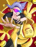  1boy gholdengo gradient-tinted_eyewear grey_hair hand_on_own_chest jewelry karasu_(ygky7532) lear_(pokemon) lear_(sygna_suit)_(pokemon) male_focus multicolor-tinted_eyewear pokemon pokemon_(creature) pokemon_masters_ex ring sparkle tinted_eyewear 