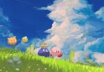  banana bandana bandana_waddle_dee basket beanbon blue_bandana bug butterfly cairn cappy_(kirby) character_request check_character chip_(kirby) closed_eyes cloud cloudy_sky dyna_blade floating flower food fruit gooey_(kirby) grass grasslands happy hataraku_ufo highres jobski kirby kirby_(series) leaf maxim_tomato mushroom open_mouth outdoors running scarfy scenery sky smile stone suyasuyabi ufo_(kirby) waddle_dee 