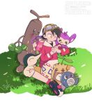  1boy aipom backwards_hat baseball_cap black_hair black_shirt closed_eyes closed_mouth cyndaquil eating egg ethan_(pokemon) food food_in_mouth goggles goggles_on_head grass hat highres holding holding_food holding_pocky hood hoodie jacket long_sleeves mochi_okomekome on_shoulder open_mouth pocky pocky_in_mouth pokegear pokemon pokemon_(creature) pokemon_adventures pokemon_egg pokemon_on_shoulder poliwag red_hoodie shirt short_hair shorts sitting smile sudowoodo sunkern togepi yellow_eyes yellow_shorts 