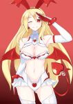  1girl aged_up alternate_costume bare_shoulders blonde_hair bow breasts cleavage demon_girl demon_tail disgaea earrings elbow_gloves fang flonne flonne_(fallen_angel) gloves hair_bow heart heart_earrings highres jewelry large_breasts long_hair looking_at_viewer makai_senki_disgaea microskirt navel neptune_(series) one_eye_closed paid_reward_available pointy_ears power_symbol red_background red_eyes revealing_clothes ribbon salute simple_background skindentation skirt solo symbol-shaped_pupils tail thighhighs very_long_hair white_thighhighs zatsu 