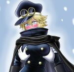  1boy 1girl absurdres bandages bandages_over_mouth black_cape black_dress blonde_hair blue_eyes blush breasts cape dress embarrassed goggles goggles_on_headwear grabbing_another&#039;s_breast groping gunko hat helga highres invisible_man large_breasts mask mouth_mask one_piece short_hair sweater 